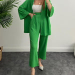 Two-Piece Set Long Sleeve Shirt Solid Color Pleated Elastic Waist Long Pants