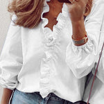 Puff Sleeves Falbala Solid Color V-Neck Blouses
