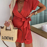 Relaxing Beach Linen Blend Solid Color Wrap Loose Shirt Romper
