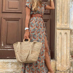 V Neck Short Sleeve Print Dress Belt Big Hem Beach Dress Elegant Long Dress