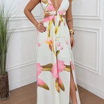 Seinah Floral Print Cutout Waist Open Back Lace-up Slit Maxi Dress