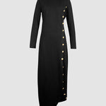 Long Sleeves Loose Asymmetric Buttoned Split-Joint Split-Side Mock Neck Maxi Dresses