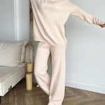 Women's Two Piece Sets Casual Loose Tracksuit Knitted Streetwear  Turtleneck Long Sleeve Top Wide Leg Pants