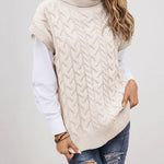 Turtleneck Sleeveless Cable Knitted Tank Tops Casual Loose Solid Sweater