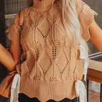 Light French Beige Hollowed Knit Scalloped Trim High Neck Sweater