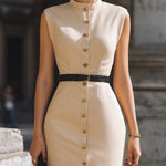 Sleeveless Button-Front Midi Dress With Waist Belt