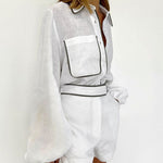 Nadorine Cotton Loose Two Pieces set Lantern Sleeve Casual Loose Shirts High Waist Shorts Outfits