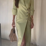 Elegant Look Linen Blend Stand Lapel Neck Half Sleeve Side Button Midi Dress