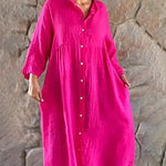 Single-breasted Button Long Dress Casual 3/4 Sleeve Solid Loose Shirt Dress