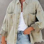 Stylish Lapel Long Sleeve Ripped Denim Jacket