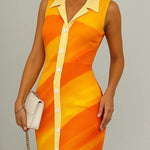 Bodycon Sleeveless Buttoned Contrast Color Notched Collar Maxi Dresses