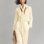 Women's Cream Satin Set With Tie-Neck Blouse & Tailored Wide-Leg Pants, Timeless Luxe-Casual Style Set