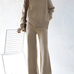Lounge Set Casual Side Slit Knitted Sweater Pullover Top Wide Leg Pants Two Pieces Tracksuit
