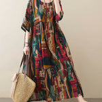 Vintage Loose Abstract Printed Pleated Round-Neck Half Sleeves Midi Dress