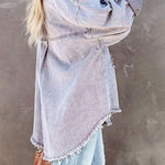 Stylish Lapel Long Sleeve Ripped Denim Jacket