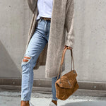 Solid Color V-neck Knitted Long-sleeved Oversized Midi Cardigan