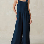 Nadorine Women's Cotton Linen Romper Solid Color Sleeveless Square Neck Backless Jumpsuit