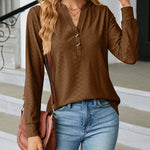 Solid Color V-Neck Buttoned Jacquard Loose-Fitting Long-Sleeved T-Shirt Top