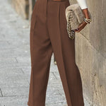 Casual British Style Solid Pocket Without Belt Loose High Waist Straight Solid Color Bottoms