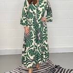 Printed Shirt Dresses V-Neck Three Quarter Sleeves Midi Dress