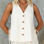 Side Split Button Up Sleeveless Top and Wide Leg Pants Set