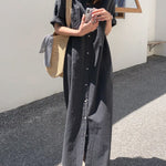 Oversized Button Down Maxi Shirt Dress Short Sleeve Side Split Casual Loose Solid Tunic Dress