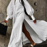 Long Sleeves Loose Buttoned Split-Side Striped Lapel Maxi Dresses Shirt Dress
