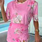Beautiful Casual Floral Print Crew Neck Short Sleeve T-shirt and Mid Rise Split Skort Set