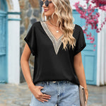 Short Sleeve V Neck Blouse Top Lace Trim Casual Summer Tee Shirt