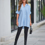 Nadorine Long Cuffed Sleeve Shirts Button Down V Neck Blouse Loose Fitting Tops