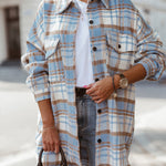Nadorine Button Down Oversized Flannel Plaid Print Shirt Jacket