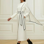 Long Sleeves Minimalist Belted Comfort Contrast Color Round-Neck Midi Dresses
