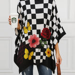 Loose Three-Quarter Sleeves Flower Print Plaid Mock Neck Blouses&Shirts Tops