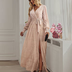 V-neck High Split Long Evening Dress with Belt