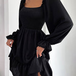 Square Neck Long Sleeve Shirred Ruffle Hem Dresses High Waist A Line Knee Length Elegant Mini Dress