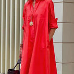 Simple Long Sleeves Solid Color Lapel Midi Dress