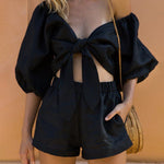 Solid Color Mid-Sleeve V-Neck Tie Front Crop Top and Elastic Shorts Set