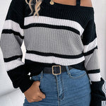 Striped Contrasting Metal Buckle Loose Long-sleeved Knitted Sweater