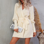 Lantern Sleeve Belted Sweater Dress