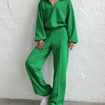 Nadorine Casual Two-Piece Set V-neck Fleece Sweatshirt High-waisted Wide-leg Pants