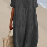 Loose Short Sleeved Solid V-Neck Dress
