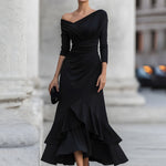 One-Shoulder Ruched Asymmetric Ruffle Hem Midi Dress