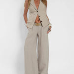 Nadorine Chic Two Pieves Sets Lapel Sleeveless Vest Tops and Loose Fit Wide Leg Pants