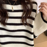 Round Neck Striped Sweater Top Loose Side Slit Pullover Sweater