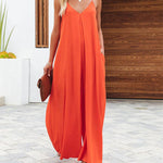 Summer Solid Color V Neck Suspenders Wrapped Wide Leg Long Rompers Pant Jumpsuits