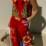 Island Dreaming Linen Blend Unique Print Tank and Elastic Waist Pocketed Pants Set