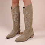 Embroidered Denim High-top Chunky-heeled Western Boots
