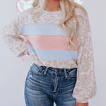 Nadorine Contrast Color Top Leopard Print Round Neck Long Sleeve Sweatshirt