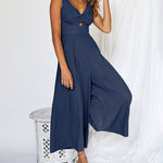 Nadorine Women's Casual Sleeveless Hollows High Waist Bodysuit Spaghetti Strap Loose Jumpsuit Overalls