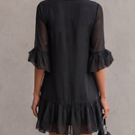 Black Ruffled Chiffon Lace Mini Dress